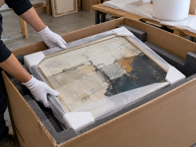 Gloved hands packing framed artwork with protective corners