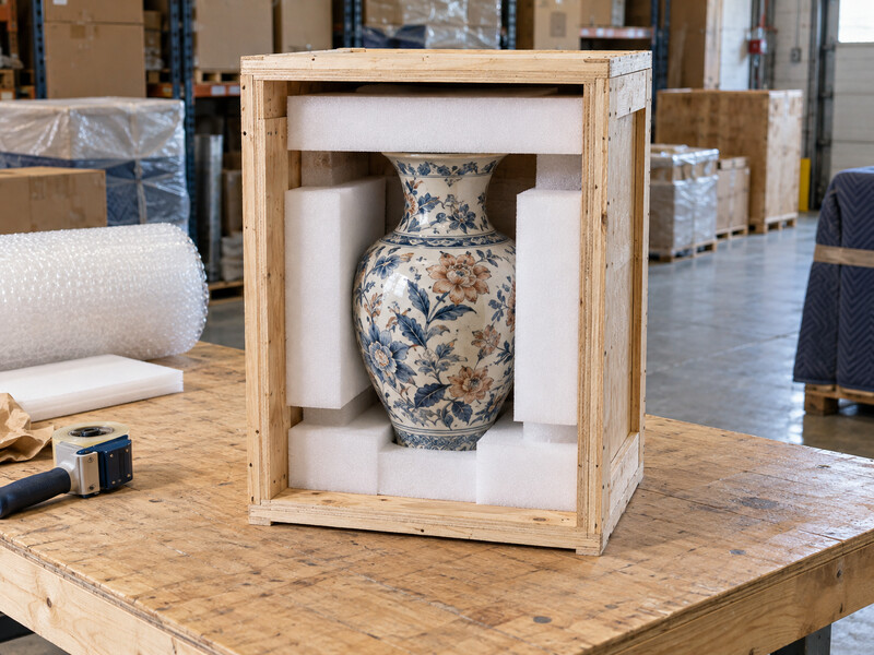 Protective wooden crate fitted around a delicate vase