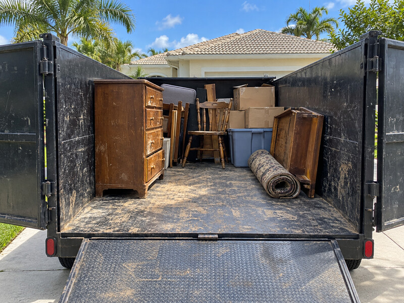 Open junk removal trailer loaded with unwanted household furniture and boxes